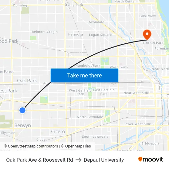 Oak Park Ave & Roosevelt Rd to Depaul University map