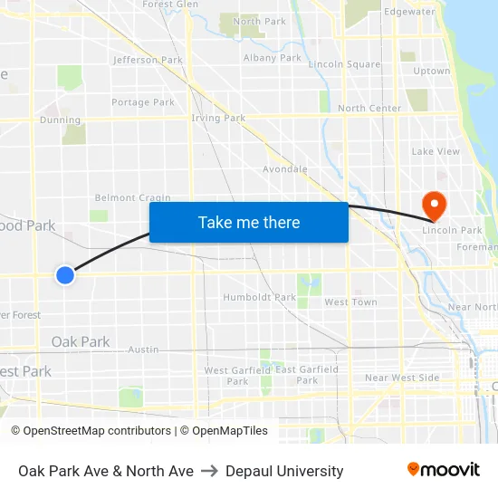 Oak Park Ave & North Ave to Depaul University map