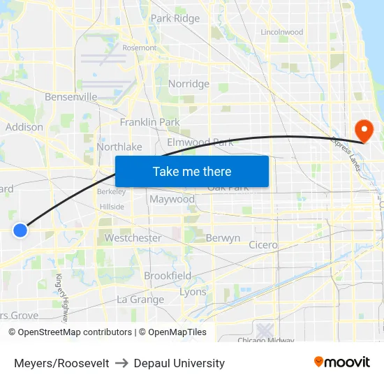 Meyers/Roosevelt to Depaul University map