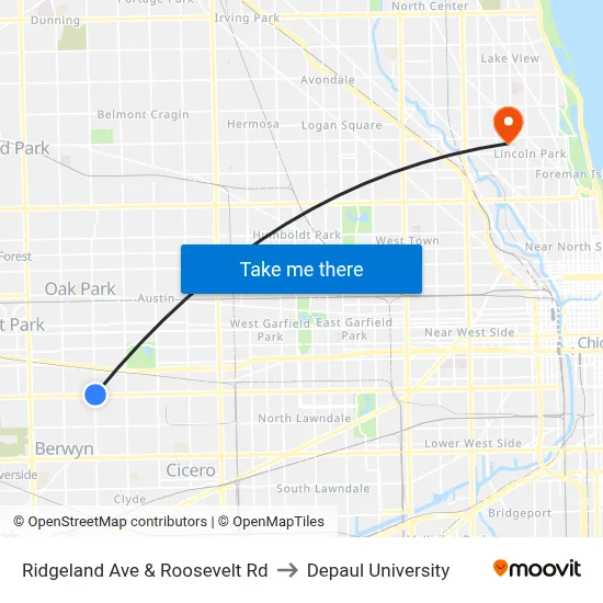 Ridgeland Ave & Roosevelt Rd to Depaul University map