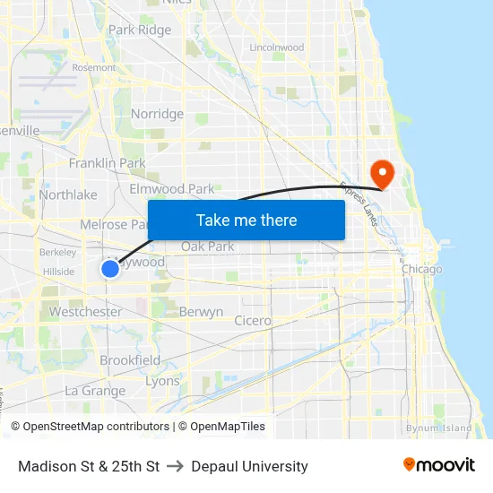 Madison St & 25th St to Depaul University map
