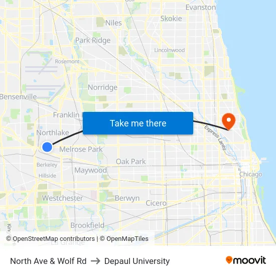North Ave & Wolf Rd to Depaul University map