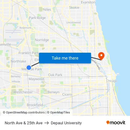North Ave & 25th Ave to Depaul University map