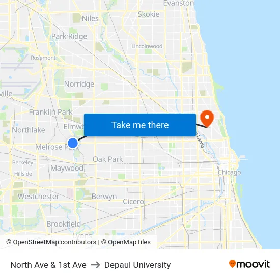 North Ave & 1st Ave to Depaul University map