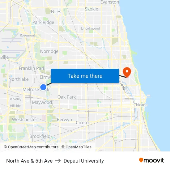 North Ave & 5th Ave to Depaul University map