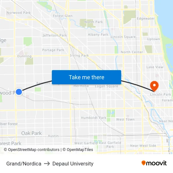 Grand/Nordica to Depaul University map