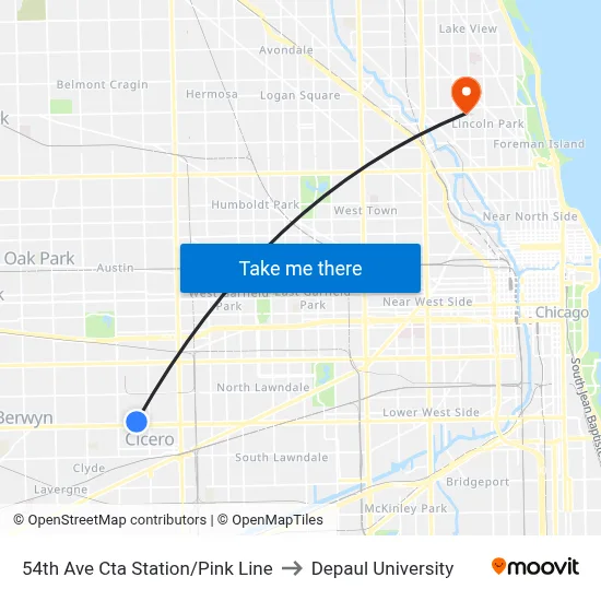 54th Ave Cta Station/Pink Line to Depaul University map