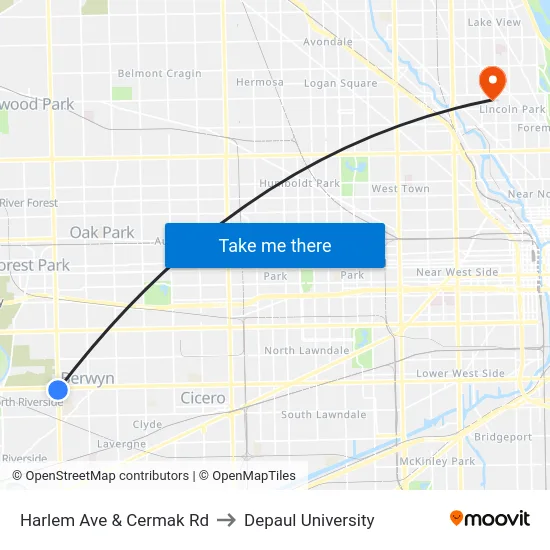 Harlem Ave & Cermak Rd to Depaul University map