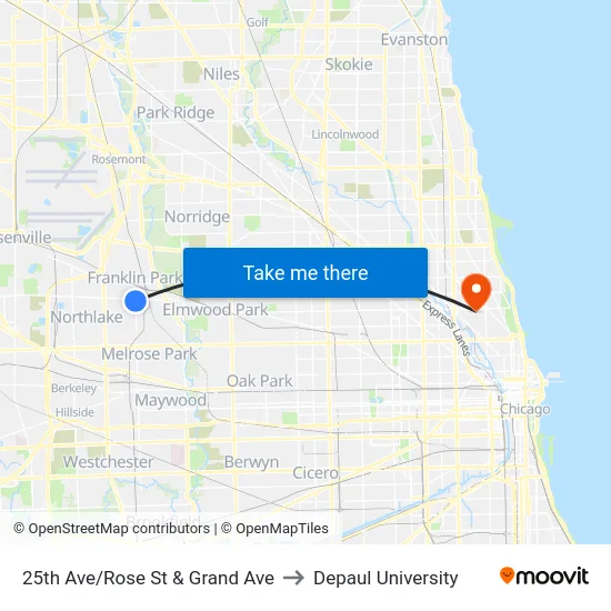25th Ave/Rose St & Grand Ave to Depaul University map
