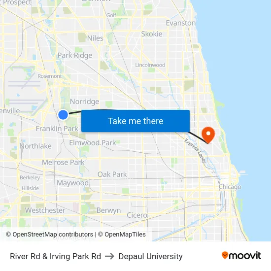River Rd & Irving Park Rd to Depaul University map
