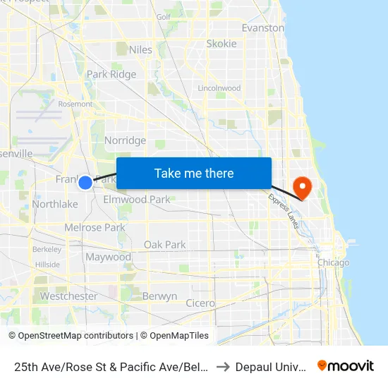25th Ave/Rose St & Pacific Ave/Belmont Ave to Depaul University map