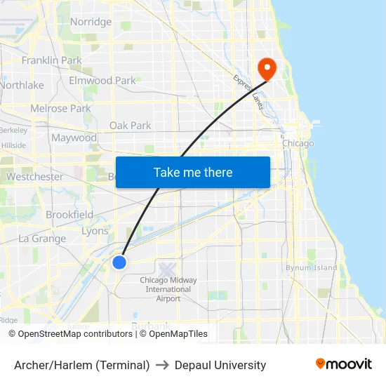 Archer/Harlem (Terminal) to Depaul University map