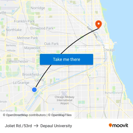 Joliet Rd./53rd to Depaul University map
