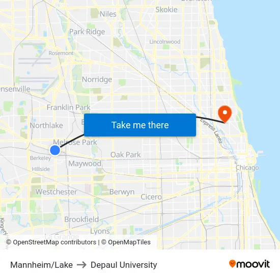 Mannheim/Lake to Depaul University map