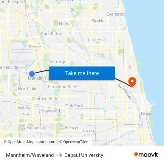 Mannheim/Waveland to Depaul University map