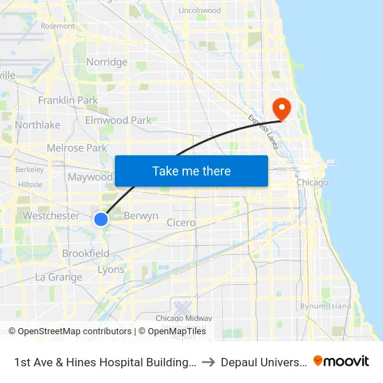 1st Ave & Hines Hospital Building 37 to Depaul University map
