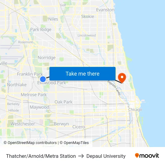 Thatcher/Arnold/Metra Station to Depaul University map