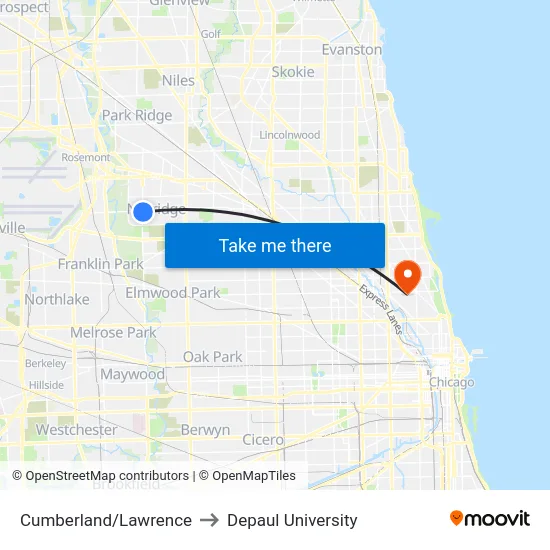 Cumberland/Lawrence to Depaul University map