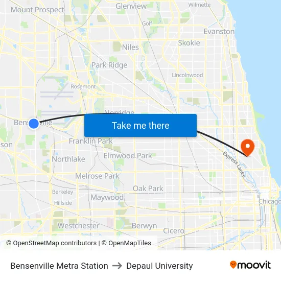 Bensenville Metra Station to Depaul University map