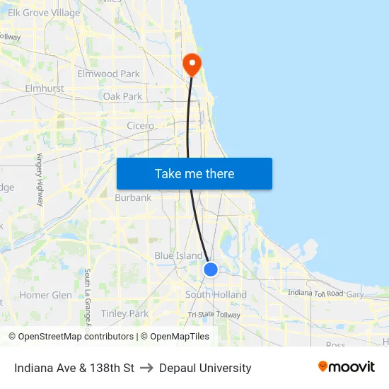 Indiana Ave & 138th St to Depaul University map