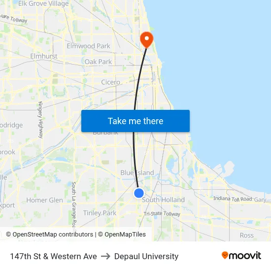 147th St & Western Ave to Depaul University map