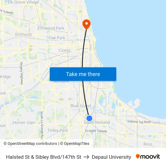 Halsted St & Sibley Blvd/147th St to Depaul University map