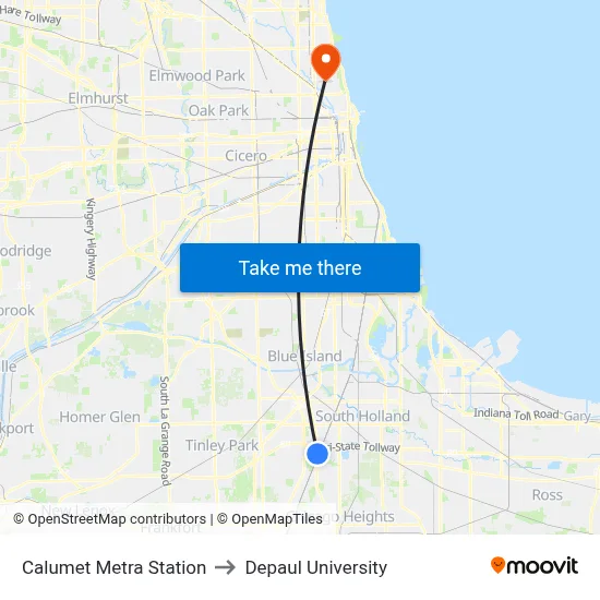 Calumet Metra Station to Depaul University map