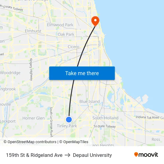 159th St & Ridgeland Ave to Depaul University map