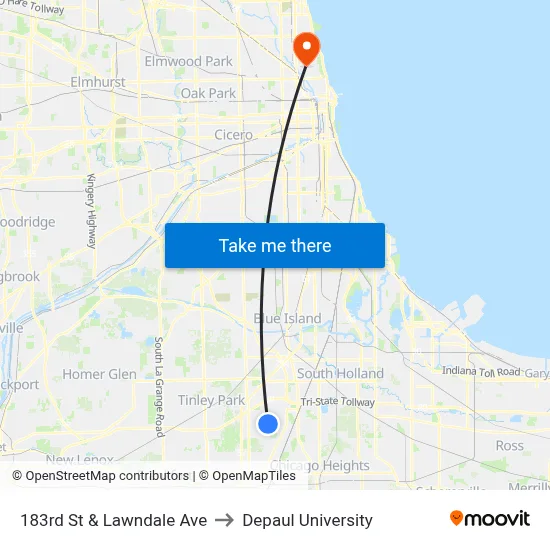 183rd St & Lawndale Ave to Depaul University map