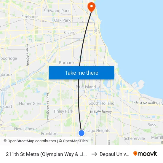 211th St Metra (Olympian Way & Lincoln Hwy) to Depaul University map