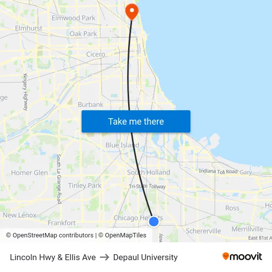 Lincoln Hwy & Ellis Ave to Depaul University map