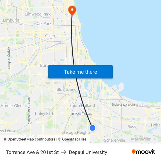 Torrence Ave & 201st St to Depaul University map