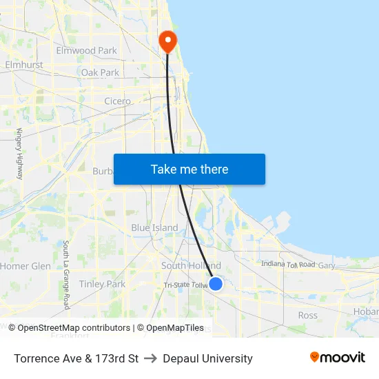 Torrence Ave & 173rd St to Depaul University map