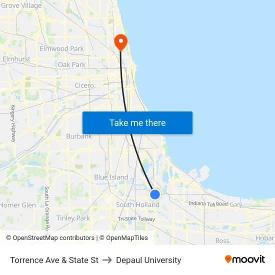 Torrence Ave & State St to Depaul University map