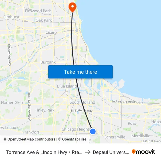 Torrence Ave & Lincoln Hwy / Rte 30 to Depaul University map
