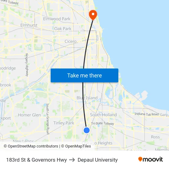 183rd St & Governors Hwy to Depaul University map