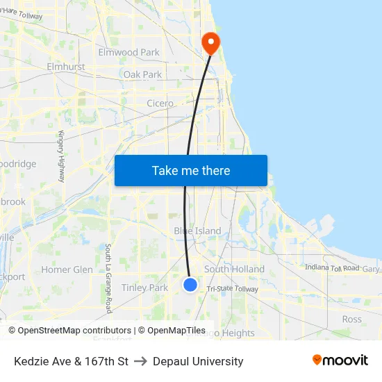 Kedzie Ave & 167th St to Depaul University map