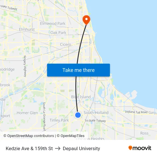 Kedzie Ave & 159th St to Depaul University map