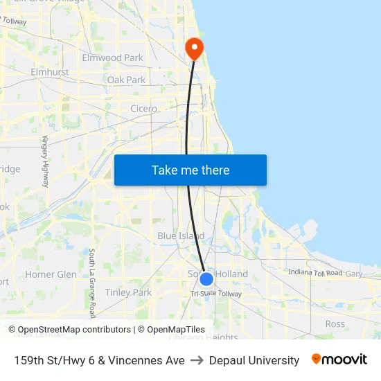 159th St/Hwy 6 & Vincennes Ave to Depaul University map