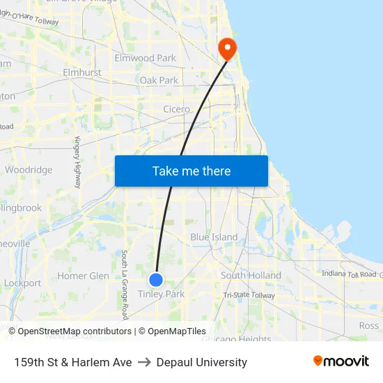 159th St & Harlem Ave to Depaul University map
