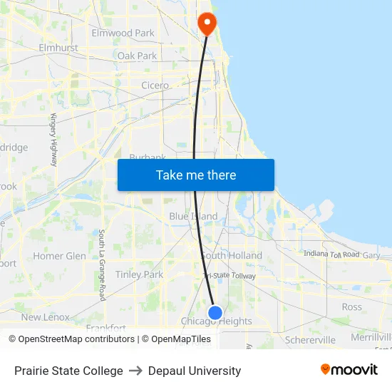 Prairie State College to Depaul University map