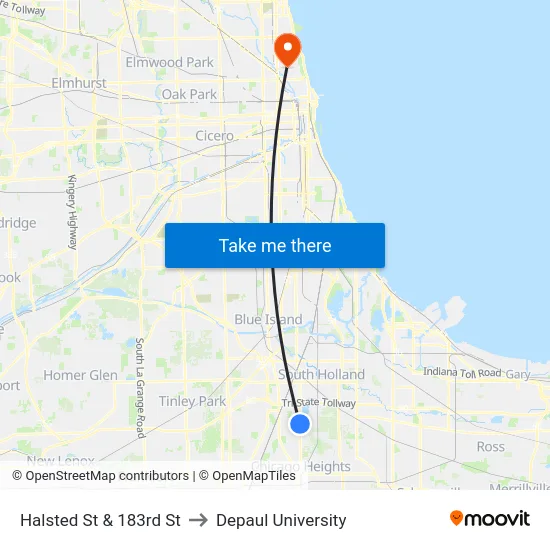 Halsted St & 183rd St to Depaul University map