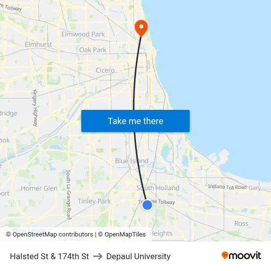 Halsted St & 174th St to Depaul University map