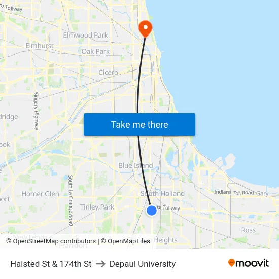 Halsted St & 174th St to Depaul University map