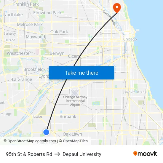 95th St & Roberts Rd to Depaul University map