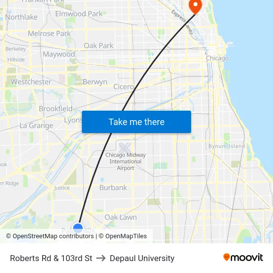 Roberts Rd & 103rd St to Depaul University map