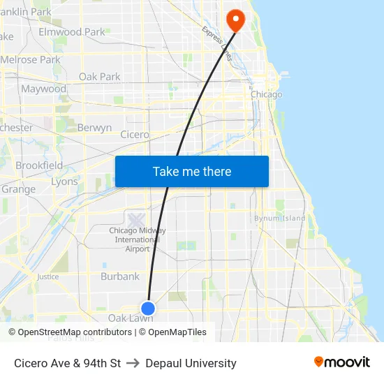 Cicero Ave & 94th St to Depaul University map