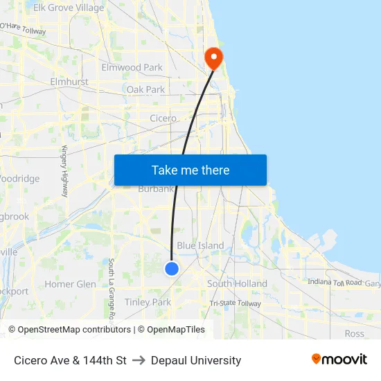 Cicero Ave & 144th St to Depaul University map