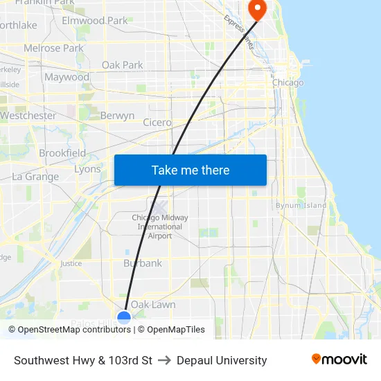 Southwest Hwy & 103rd St to Depaul University map