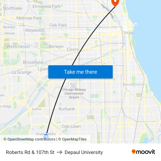 Roberts Rd & 107th St to Depaul University map